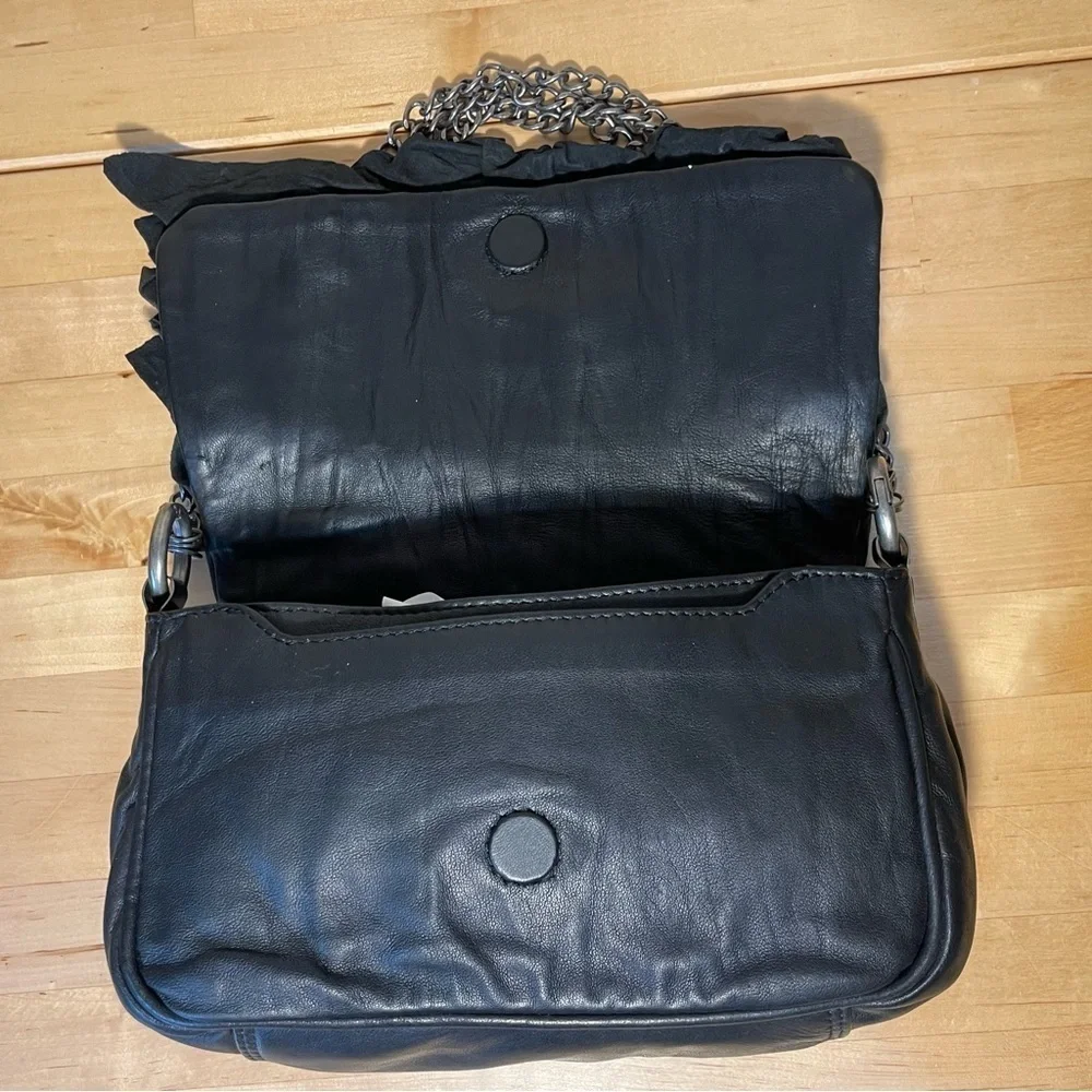 AllSaints Black Ruffled Leather Shoulder Bag Soft Leather Gunmetal Hardware